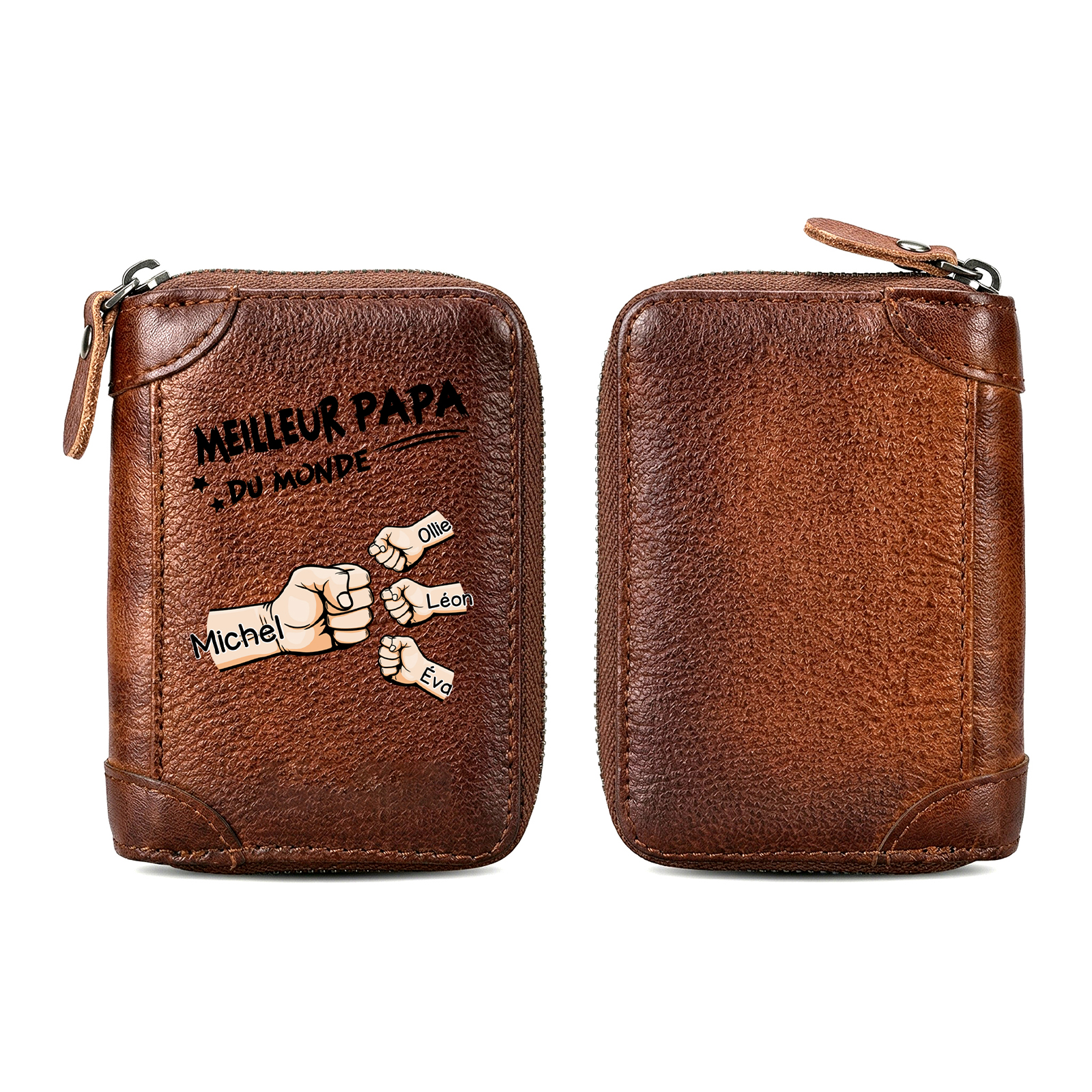 Porte-Cartes en Cuir Véritable Personnalisé avec 1-6 Prénoms et Poings, Portefeuille zippé pour Meilleur Papa/Papi