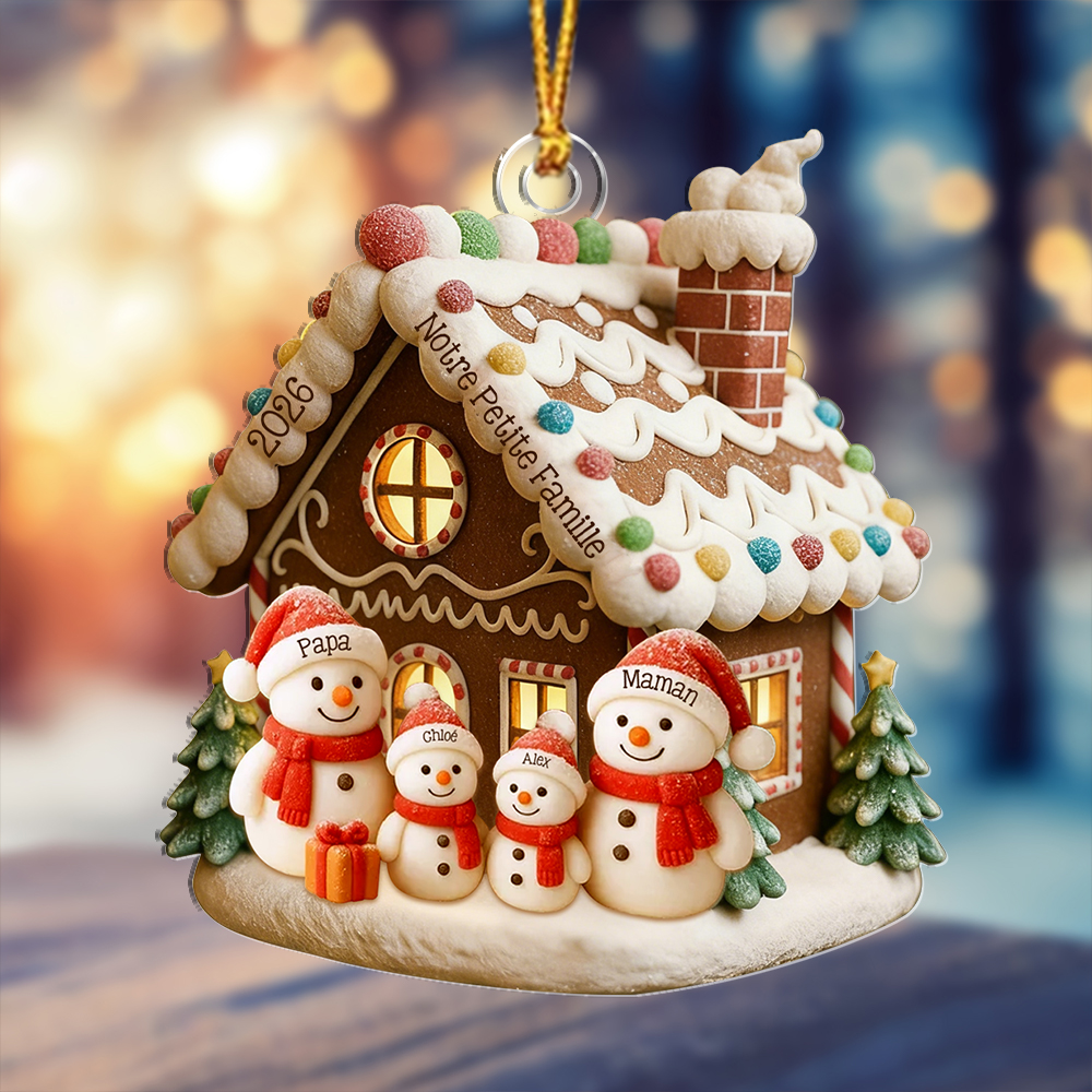 Décoration sapin Noël familiale personnalisée maison en pain d'épices et bonhomme de neige avec 1 à 6 prénoms
