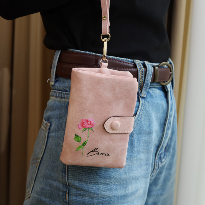 Portefeuille Fleur de naissance avec chaîne 1 Prénom Personnalisé Porte-Monnaie Carte pour Femmes cadeau pour femme anniversaire | Jessemade
