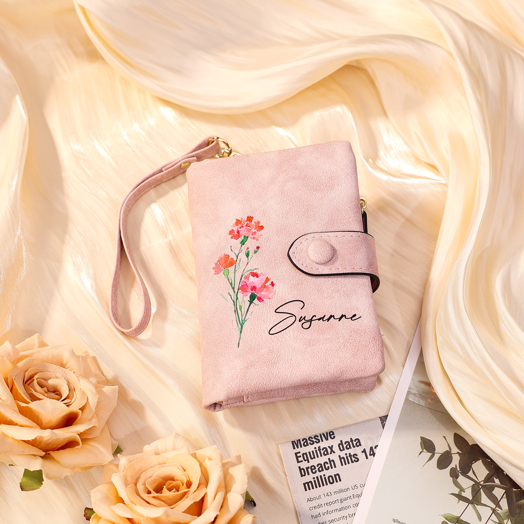 Portefeuille Fleur de naissance avec chaîne 1 Prénom Personnalisé Porte-Monnaie Carte pour Femmes cadeau pour femme anniversaire | Jessemade