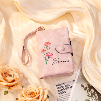 Portefeuille Fleur de naissance avec chaîne 1 Prénom Personnalisé Porte-Monnaie Carte pour Femmes cadeau pour femme anniversaire | Jessemade