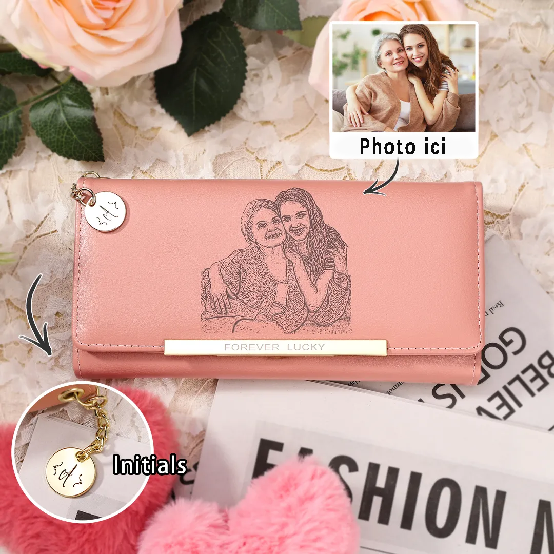 Portefeuille long en cuir PU 1 Photo et Lettre personnalisés Cadeau pour femme | Jessemade