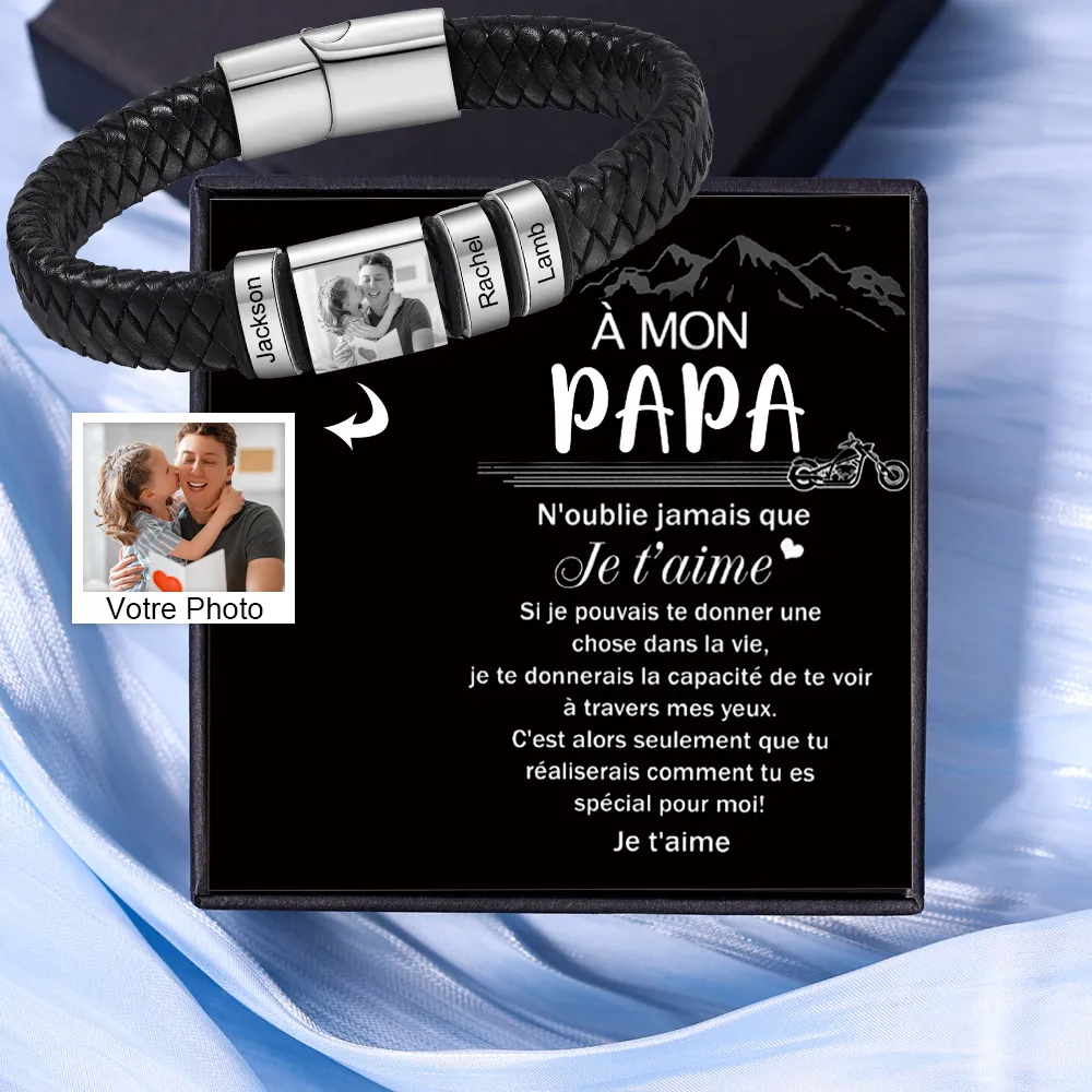 À mon Papa - Bracelet Personnalisé avec 2-5 Prénoms et 1 Photo Bracelet Homme Personnalisé en Cuir | Cadeau Fête des Pères｜Jessemade