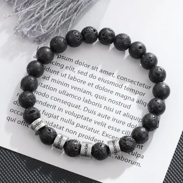Bracelet 1-3 Prénoms Personnalisés Bracelet Prénom Pierre de lave Noir | Cadeau Fête des Pères | Jessemade