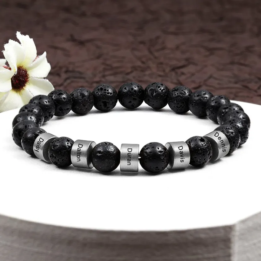 Bracelet Personnalisé Homme 1-5 Prénoms Personnalisés Pierre de lave Noir ｜Jessemade