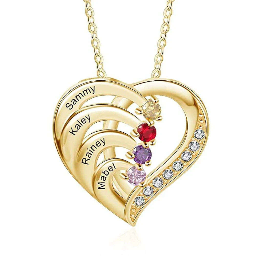 Collier Cœur Argent 925 2-4 Prénoms Personnalisés avec Pierre de naissance pierre de naissance | Jessemade