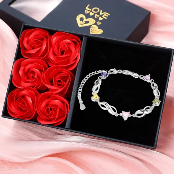 Bracelet infini à Breloque Coeurs Bracelet Pierre De Naissance Personnalisé avec 3 Prénoms pour Femmes｜Jessemade