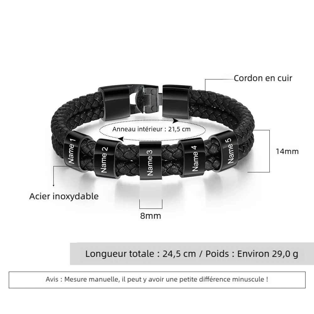 Bracelet Cuir tressé 2-5 Perles Prénom Bracelet Personnalisé Homme pour Papa｜Jessemade
