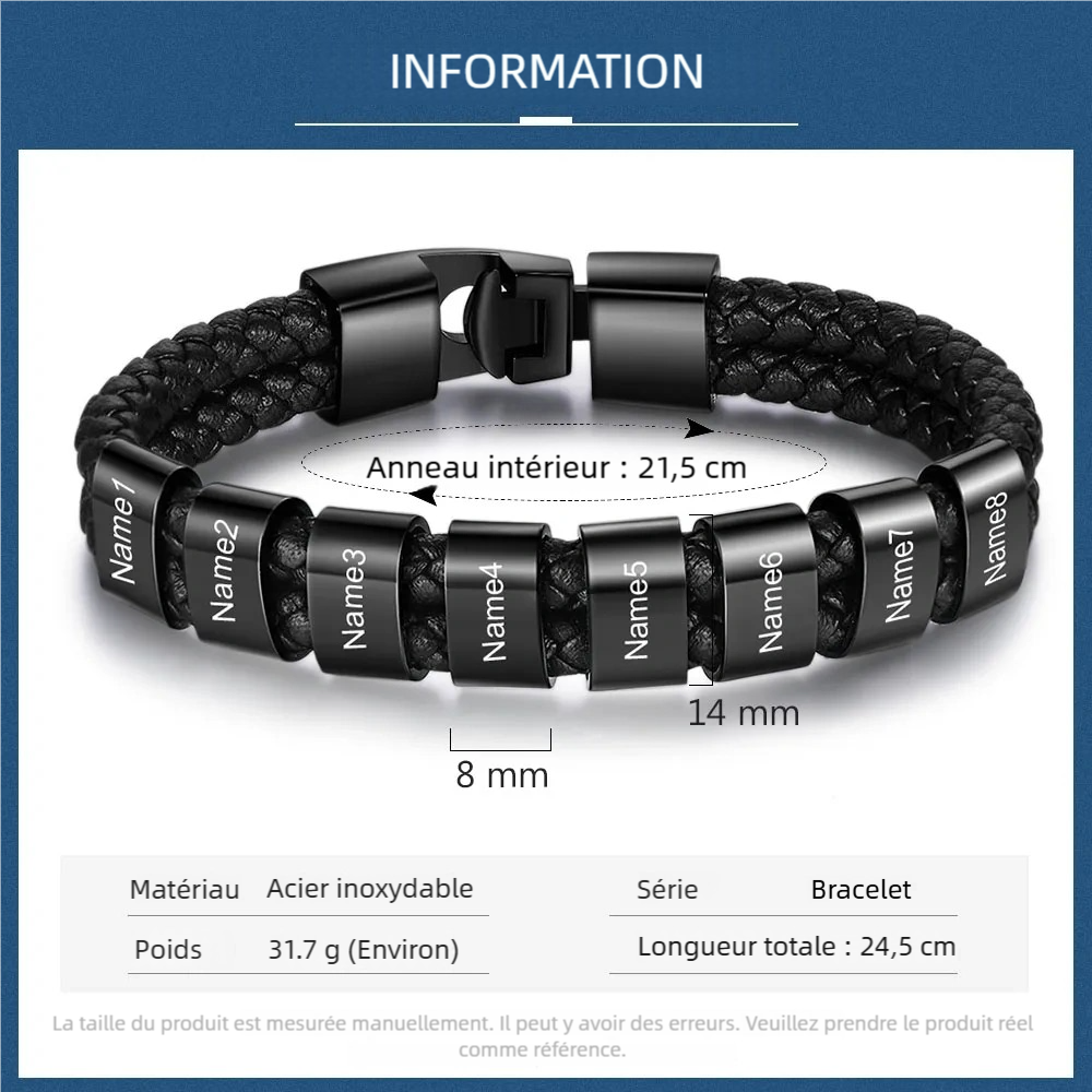 Bracelet Cuir tressé 1-8 Perles Prénom Bracelet Personnalisé Homme｜Jessemade