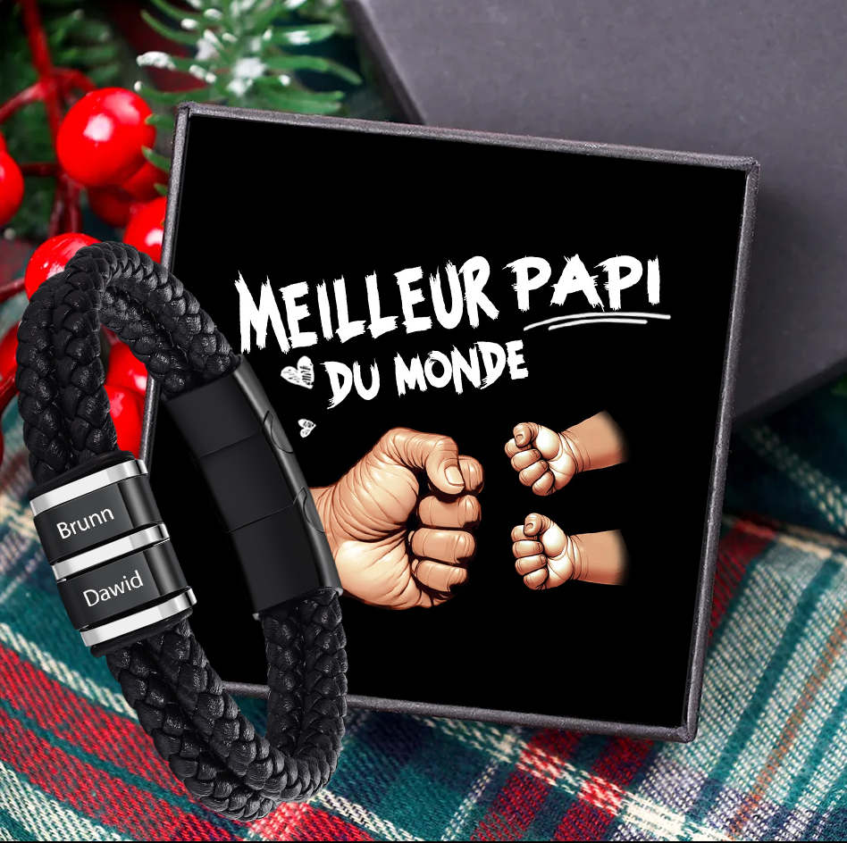 Bracelet Personnalisé Homme – Cuir Tressé Noir pour Papi/Papy