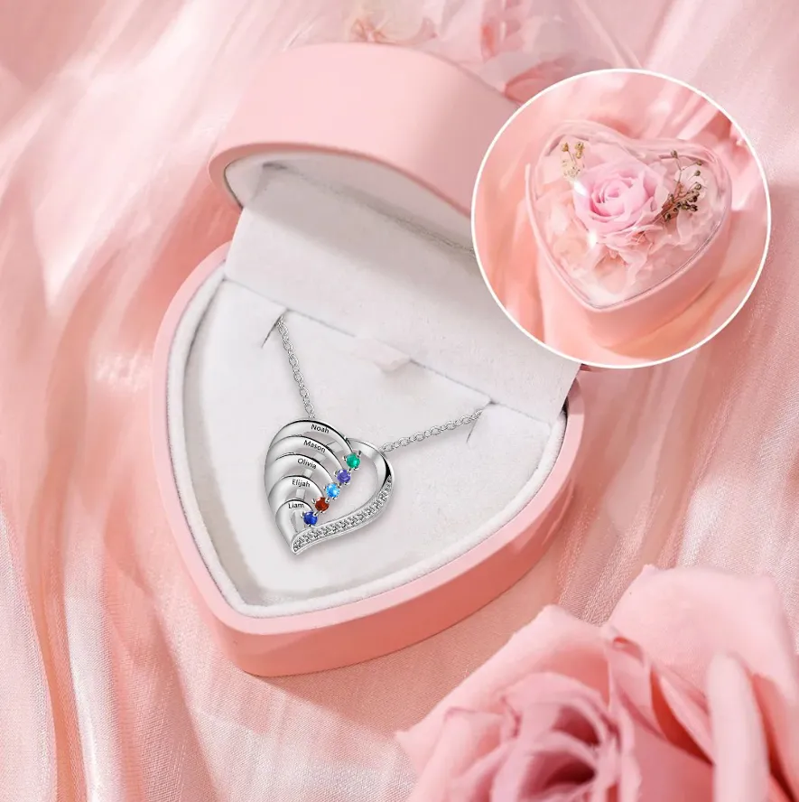 Collier Pendentif Cœur Personnalisé avec 2-6 Prénoms et 2-6 Pierres de Naissance Collier pour Femme | Jessemade