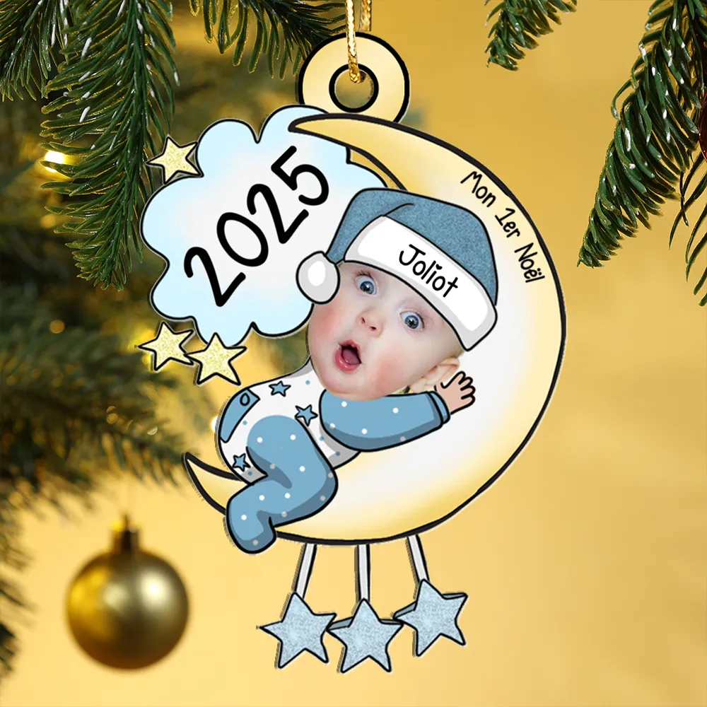 Décoration Sapin Noël Bébé 1 Prénom Personnalisé avec Photo et Texte en Acrylique | Jessemade