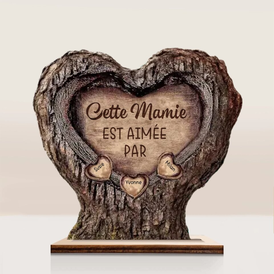 Plaque en bois personnalisée cœur-tronc avec prénoms des petits-enfants cadeau Papi et Mamie