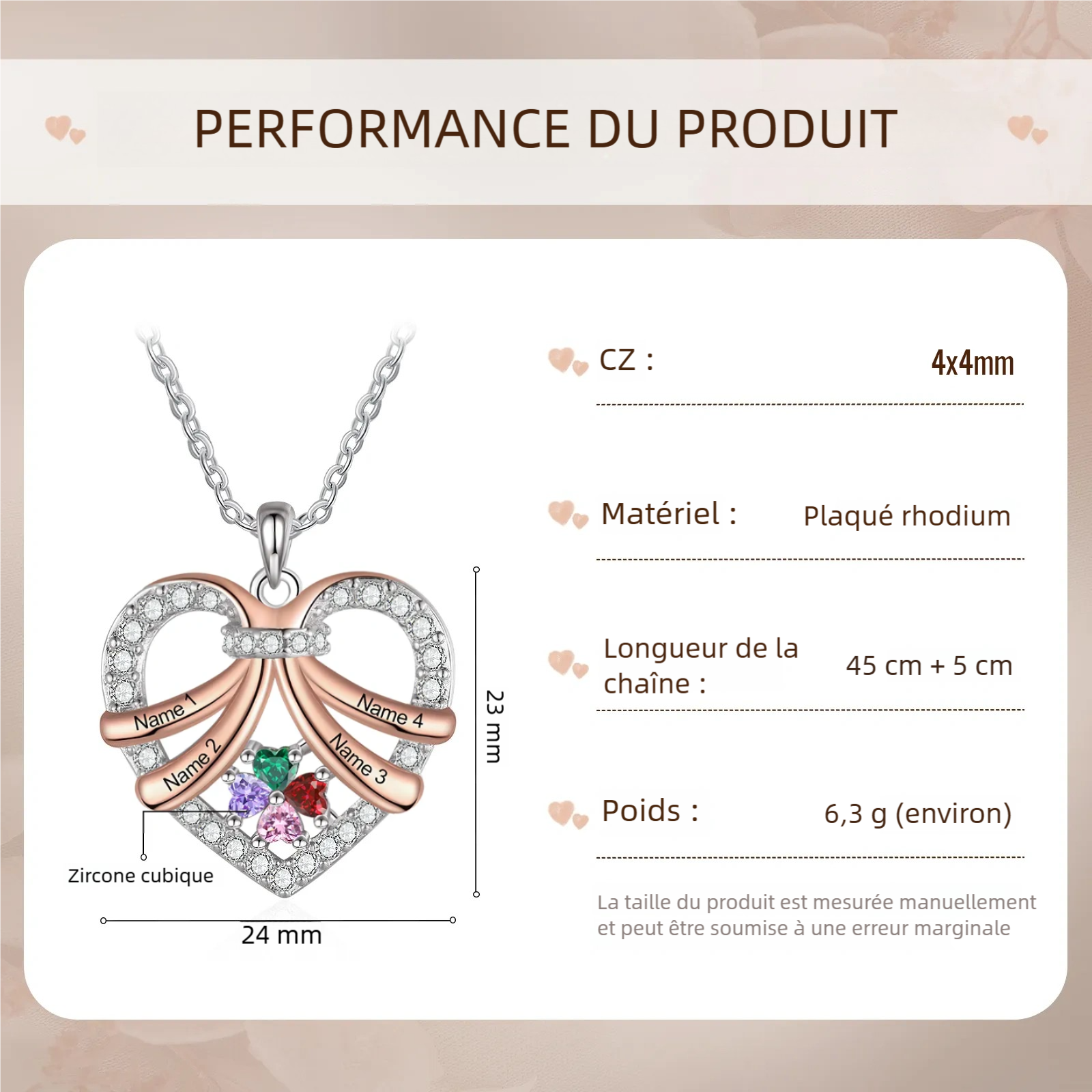 Collier Coeur en plaqué rhodium 2-4 Prénoms Personnalisés avec Pierre de Naissance Collier Personnalisé Femme｜Jessemade