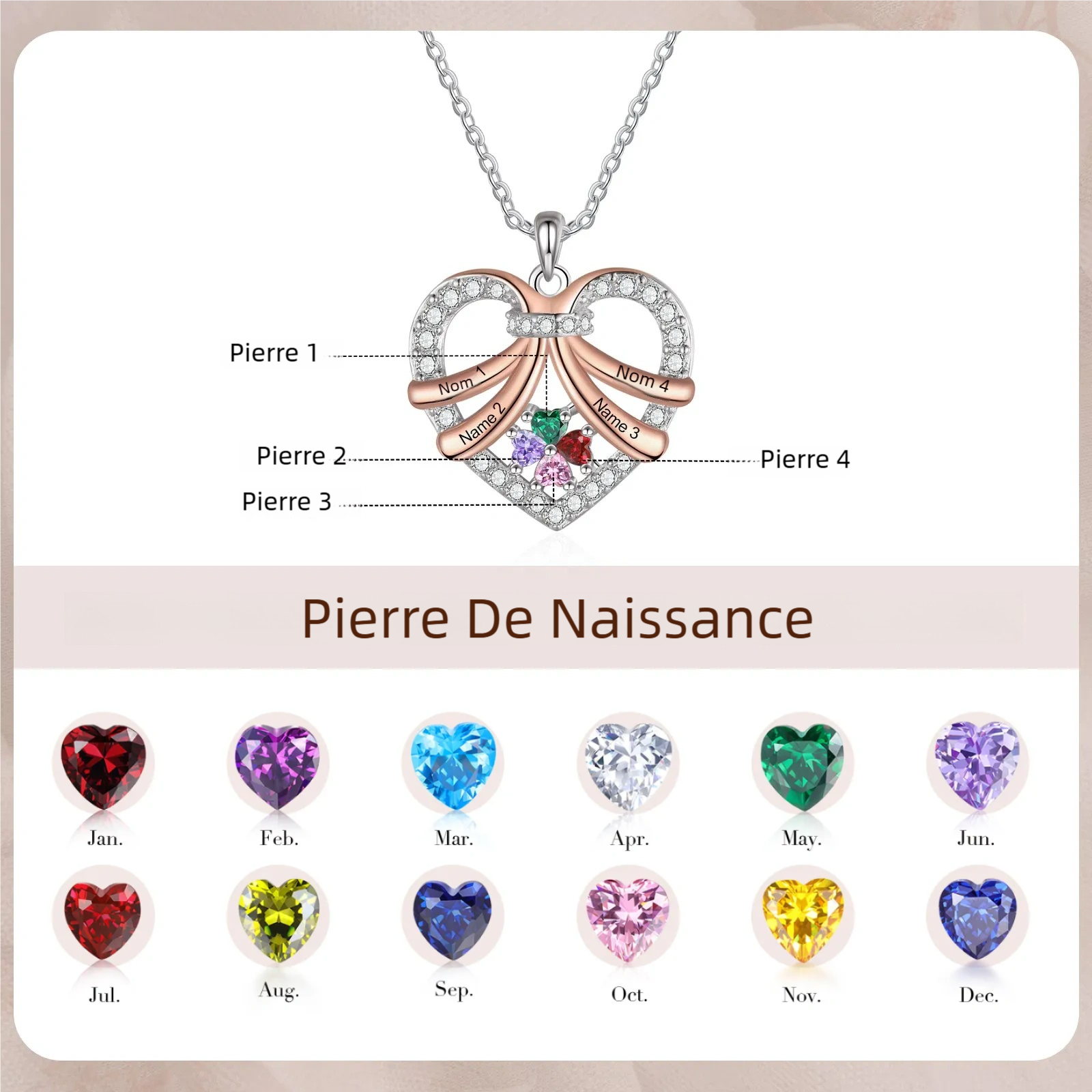 Collier Coeur en plaqué rhodium 2-4 Prénoms Personnalisés avec Pierre de Naissance Collier Personnalisé Femme｜Jessemade