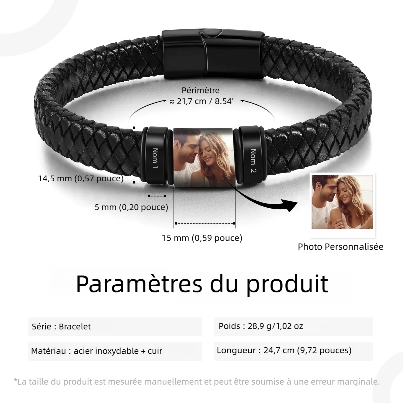 Bracelet Cuir Bracelet Photo Personnalisé avec 2 Prénoms pour Homme | Jessemade