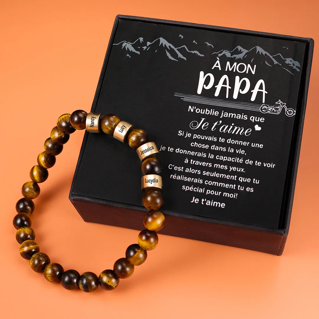 À Mon PAPA- Bracelet Personnalisé Homme Bracelet 1-5 Prénoms Personnalisés Pierres Oeil de Tigre Brun｜Jessemade