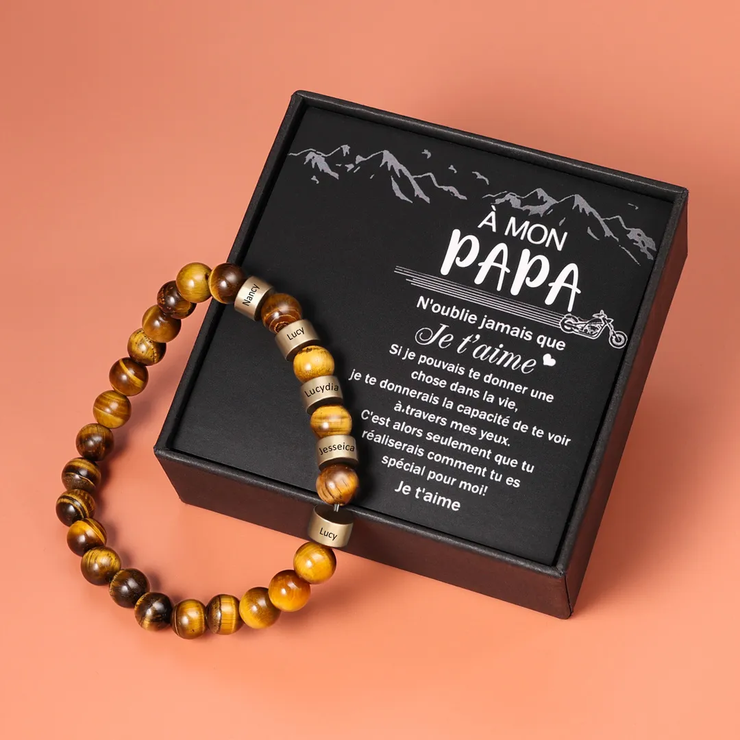 À Mon PAPA- Bracelet Personnalisé Homme Bracelet 1-5 Prénoms Personnalisés Pierres Oeil de Tigre Brun｜Jessemade