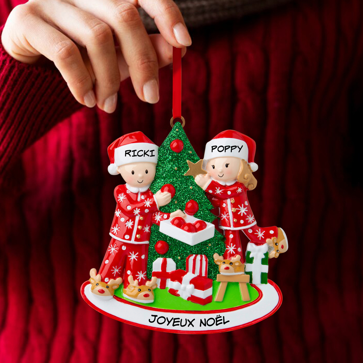 Décoration Sapin Noël 2 Prénoms Personnalisés avec Texte Ornement Sapin en Bois Cadeau pour Couple Saint valentin | Jessemade
