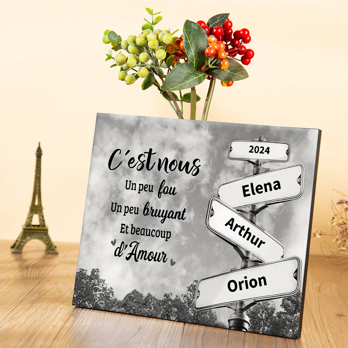 Cadre en Bois panneau indicateur 2-6 Prénoms et 1 Texte Personnalisés