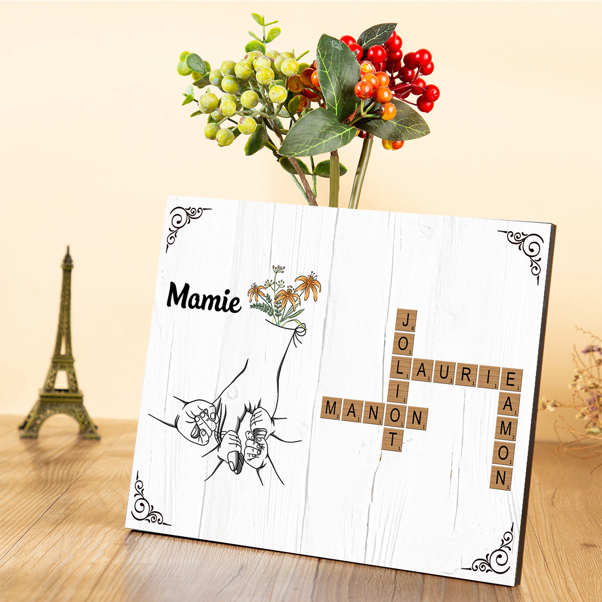 À Mamie - Cadre en Bois Grille de Mots Croisés 1-12 Prénoms Personnalisés Déco de Famille Cadeau Mamie | Jessemade