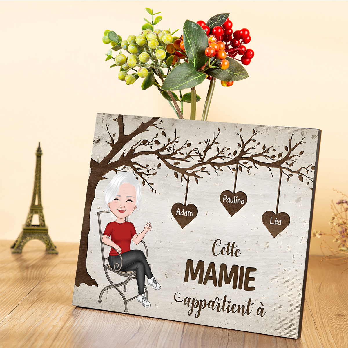 À Mamie - Cadre en Bois 1-8 Prénoms Personnalisés avec Illustrations Cadeau Pour Mamie | Jessemade