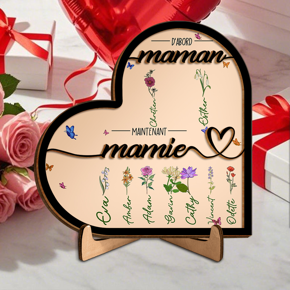 Plaque Cœur en Bois 1-10 Prénoms Personnalisés Décoration de Maison Cadeau pour Mamie | Jessemade