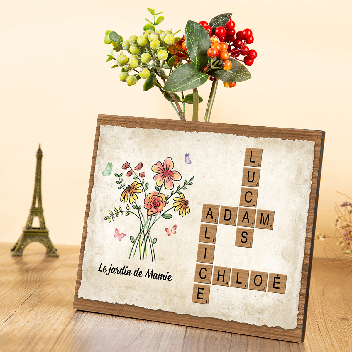 À Mamie - Cadre en Bois grille de mots croisés 1-7 Prénoms Personnalisés Jardin de Mamie Cadeau Pour Grand-Mère | Jessemade
