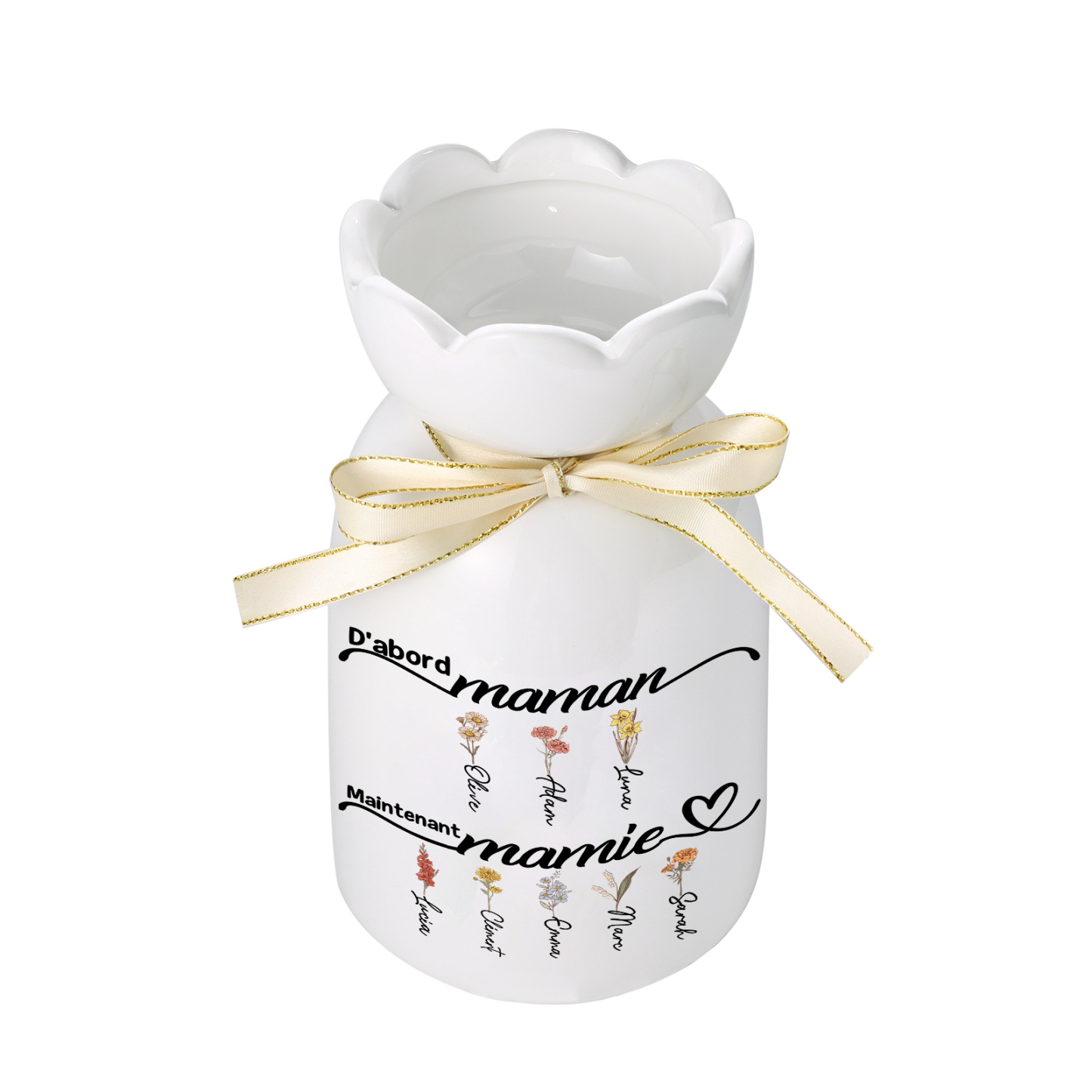 À Maman - Vase à Fleurs Personnalisé 4 Prénoms Vase Céramique Roses et Cœur Décoration de la Maison (sans plantes) | Jessemade