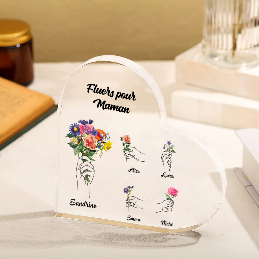 [Copy]À Maman-Cœur en bois personnalisé – décoration avec 1-10 prénoms d’enfants et fleurs gravées | Jessemade