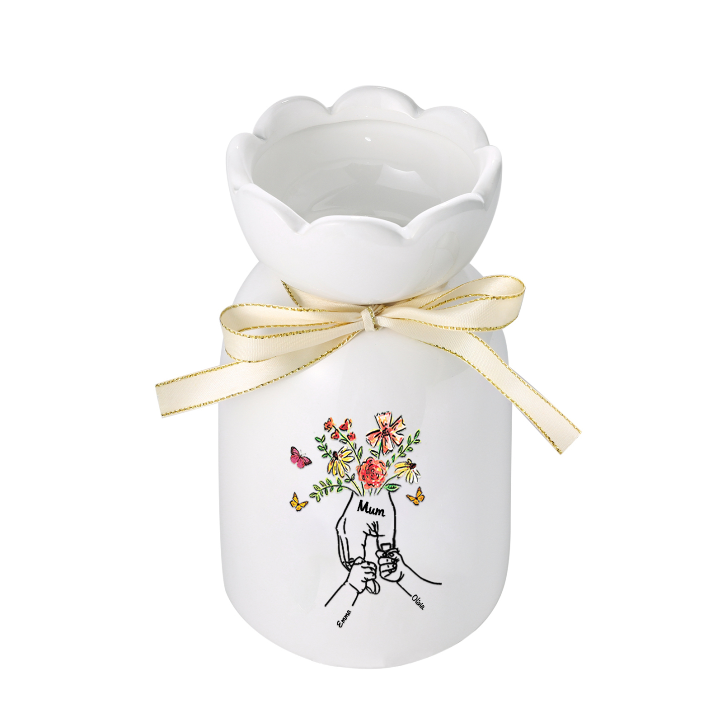 À Maman/Mamie - Vase en Céramique 2-8 Prénoms Personnalisés avec 1 Texte Vase la Main dans la Main (sans fleurs) | Jessemade