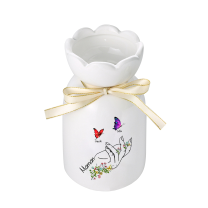 À Maman/Mamie - Vase en Céramique 2-8 Prénoms Personnalisés avec 1 Texte Vase Main et Papillon (sans fleurs) | Jessemade