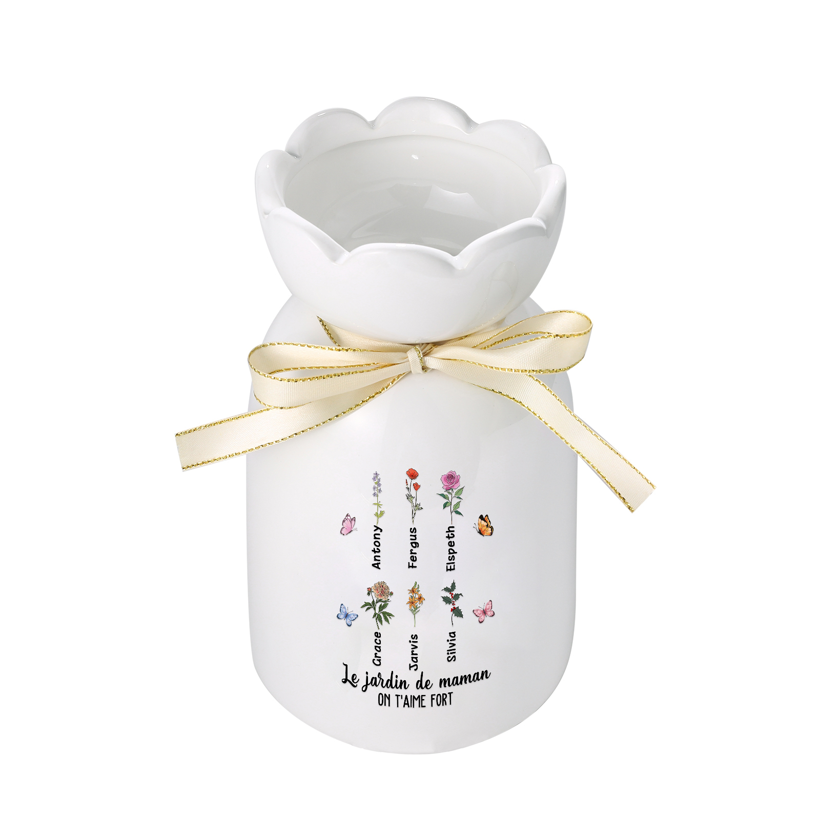 À Maman/Mamie - Vase Personnalisés avec 1-6 Prénoms et 2 Textes Vase en Céramique (sans fleurs) | Jessemade