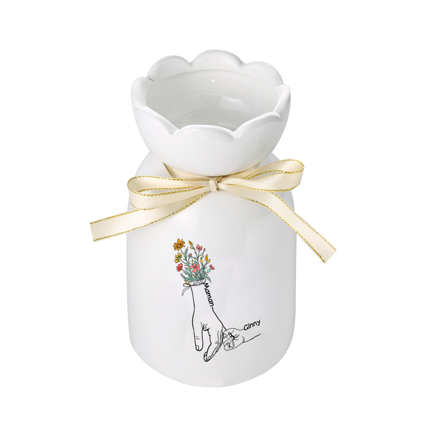 À Maman/Mamie - Vase en Céramique Personnalisés avec 2-7 Prénoms Vase la Main dans la Main (sans fleurs) | Jessemade