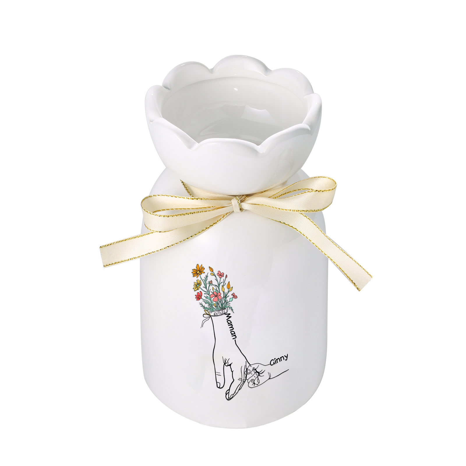 À Maman/Mamie - Vase en Céramique Personnalisés avec 2-7 Prénoms Vase la Main dans la Main (sans fleurs) | Jessemade