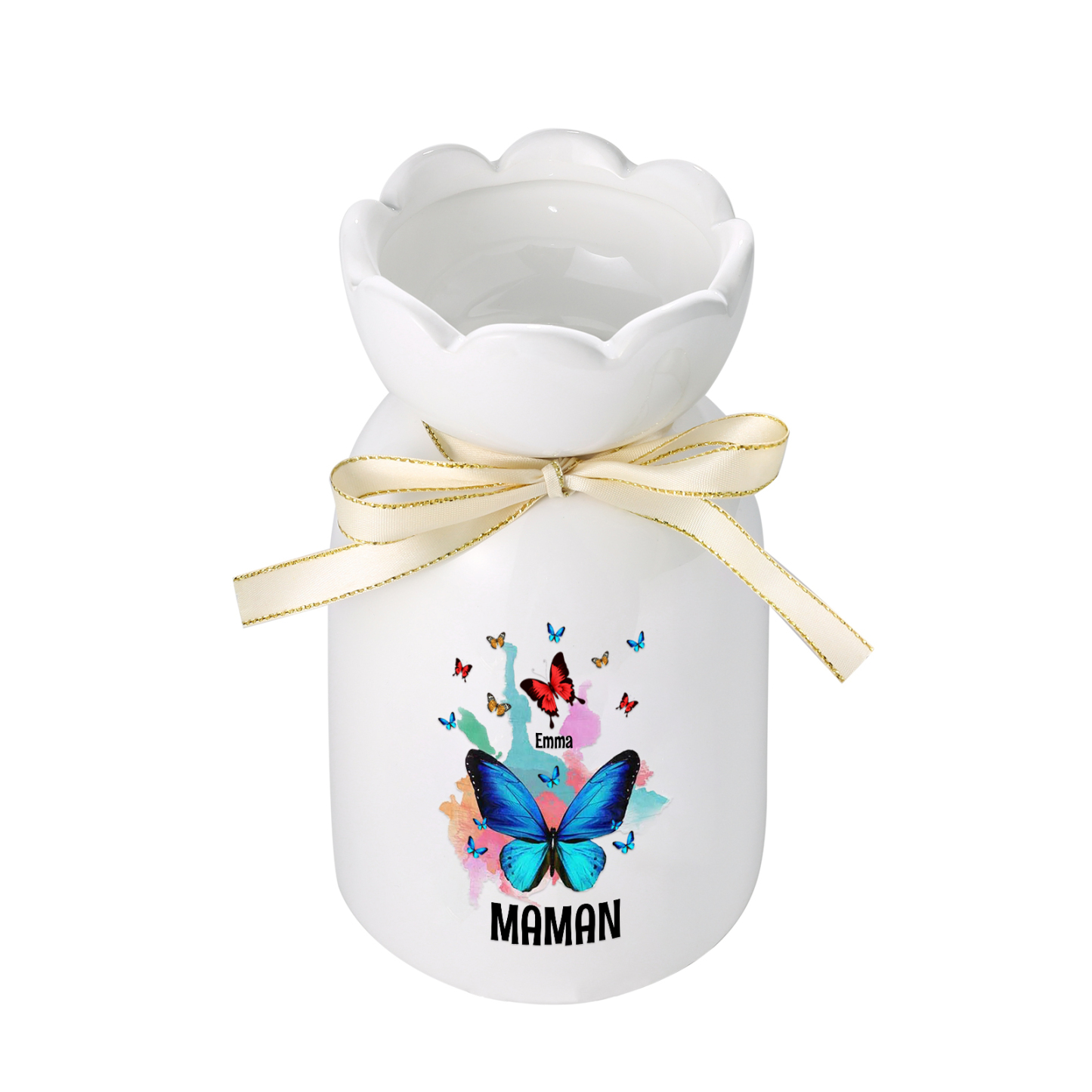 À Maman/Mamie - Vase en Céramique Personnalisés avec 1-8 Prénoms et 1 Texte Vase Motif Papillons Colorés (sans fleurs) | Jessemade