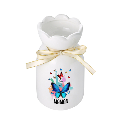 À Maman/Mamie - Vase en Céramique Personnalisés avec 1-8 Prénoms et 1 Texte Vase Motif Papillons Colorés (sans fleurs) | Jessemade