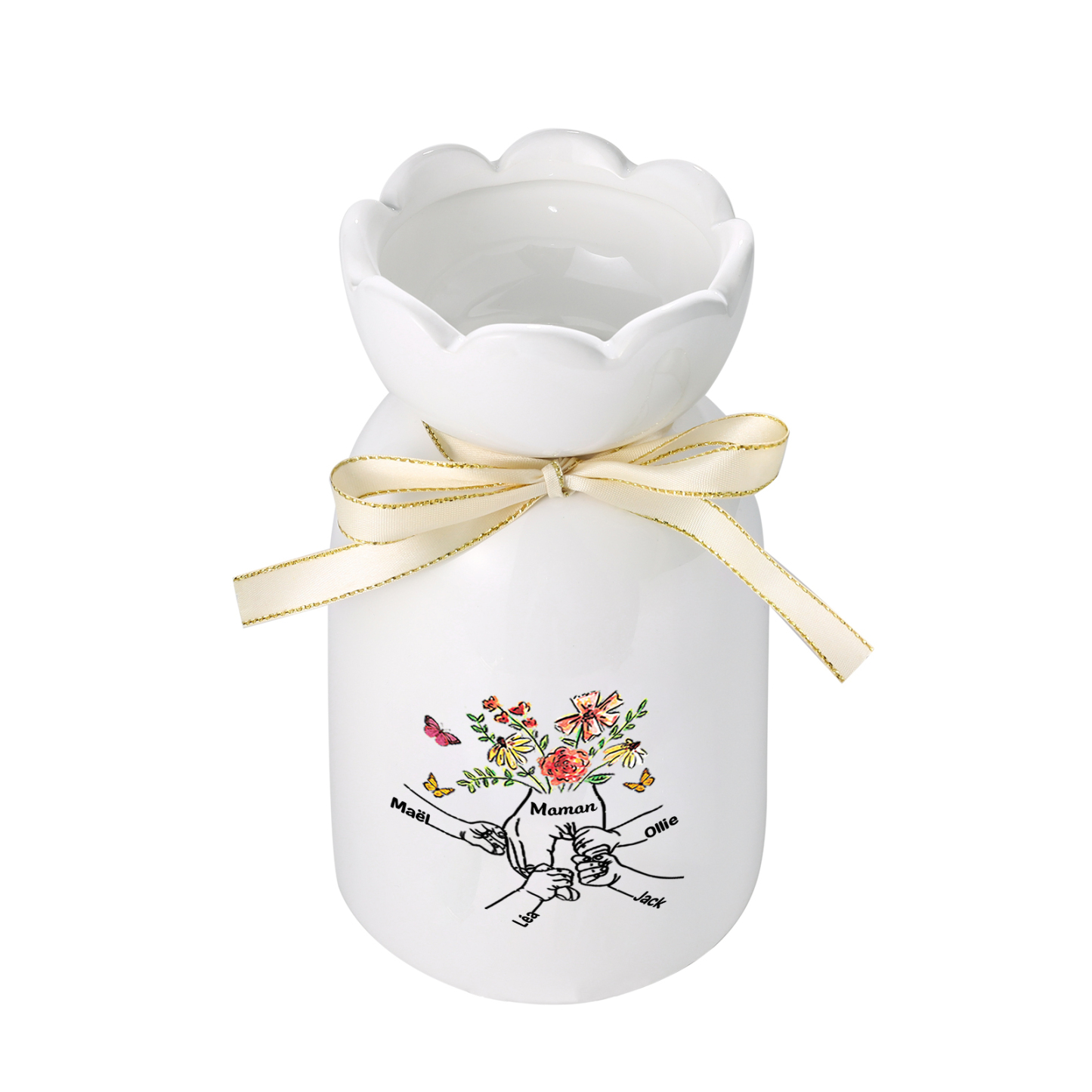 Vase Personnalisé avec 2-8 Prénoms et 1 Texte Vase en Céramique Motif la Main dans la Main (sans fleurs) | Jessemade
