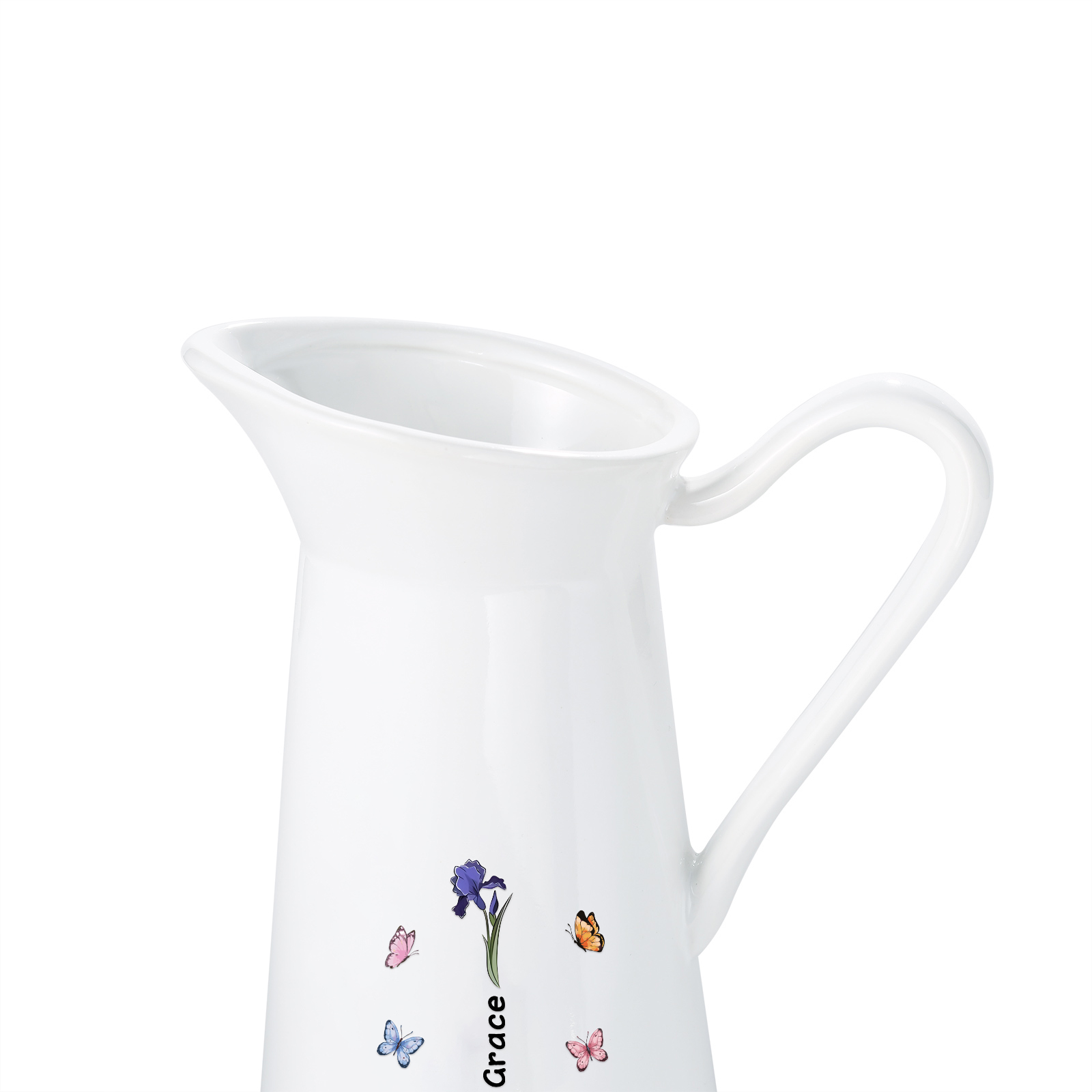 À Maman/Mamie - Vase Personnalisé 1-6 Prénoms et Fleurs de Naissance avec 2 Textes Vase Forme Pichet en Céramique (sans fleurs) | Jessemade