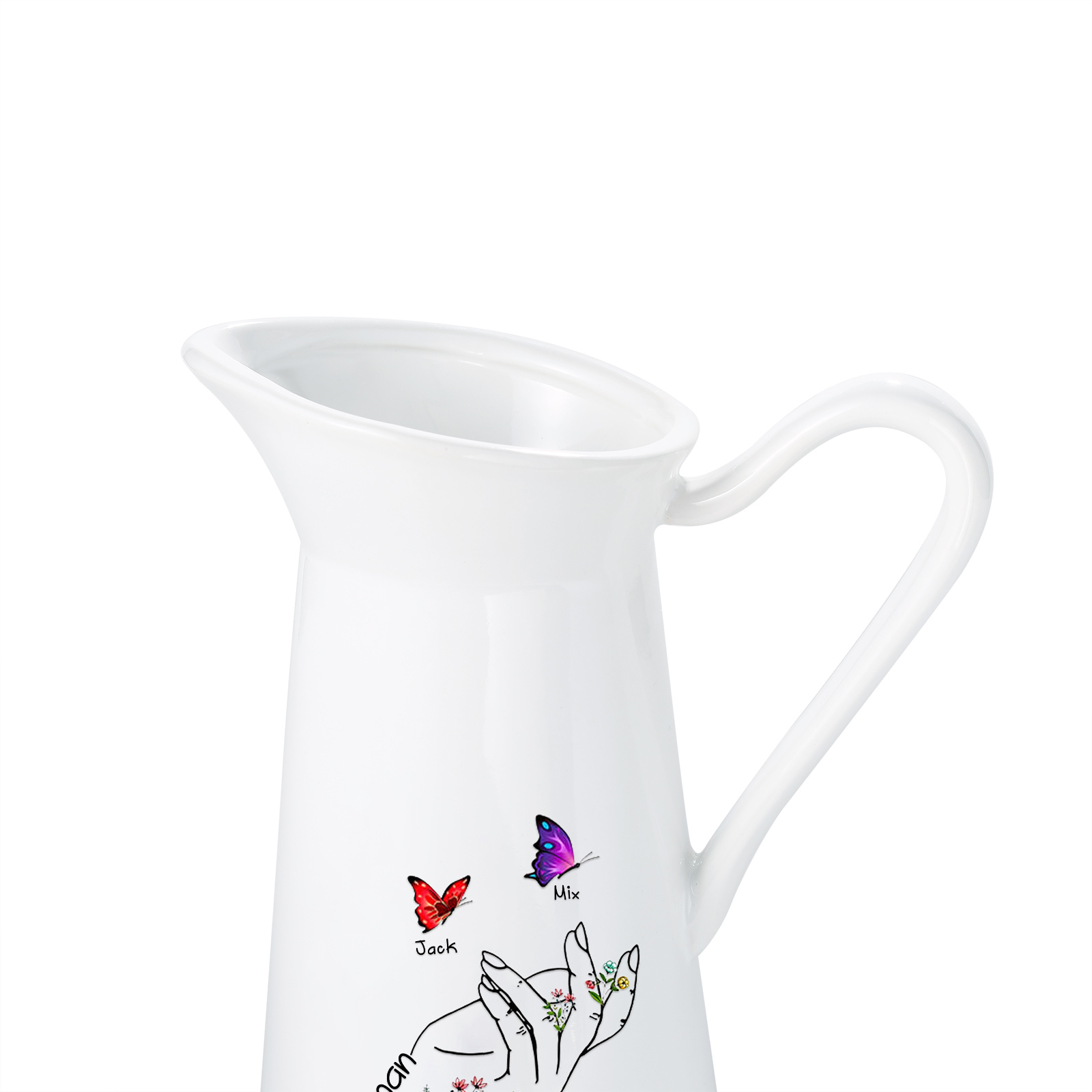 À Maman/Mamie - Vase Personnalisé 2-8 Prénoms avec 1 Texte Vase Forme Pichet et Papillonen Céramique (sans fleurs) | Jessemade