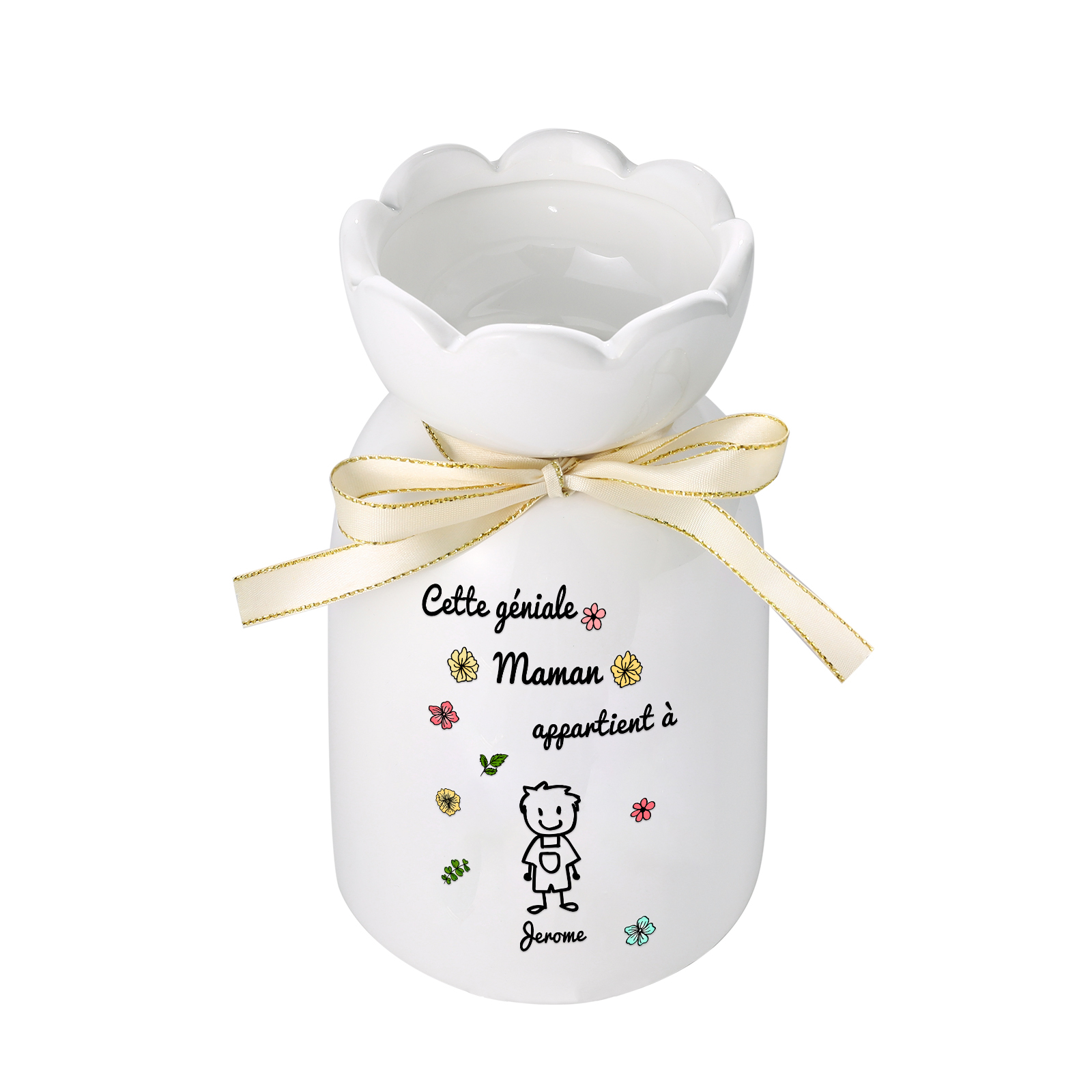 Vase avec Ruban 1-6 Prénoms et Enfants Personnalisés avec 1 Tetxe Vase en Céramique (sans fleurs) | Jessemade