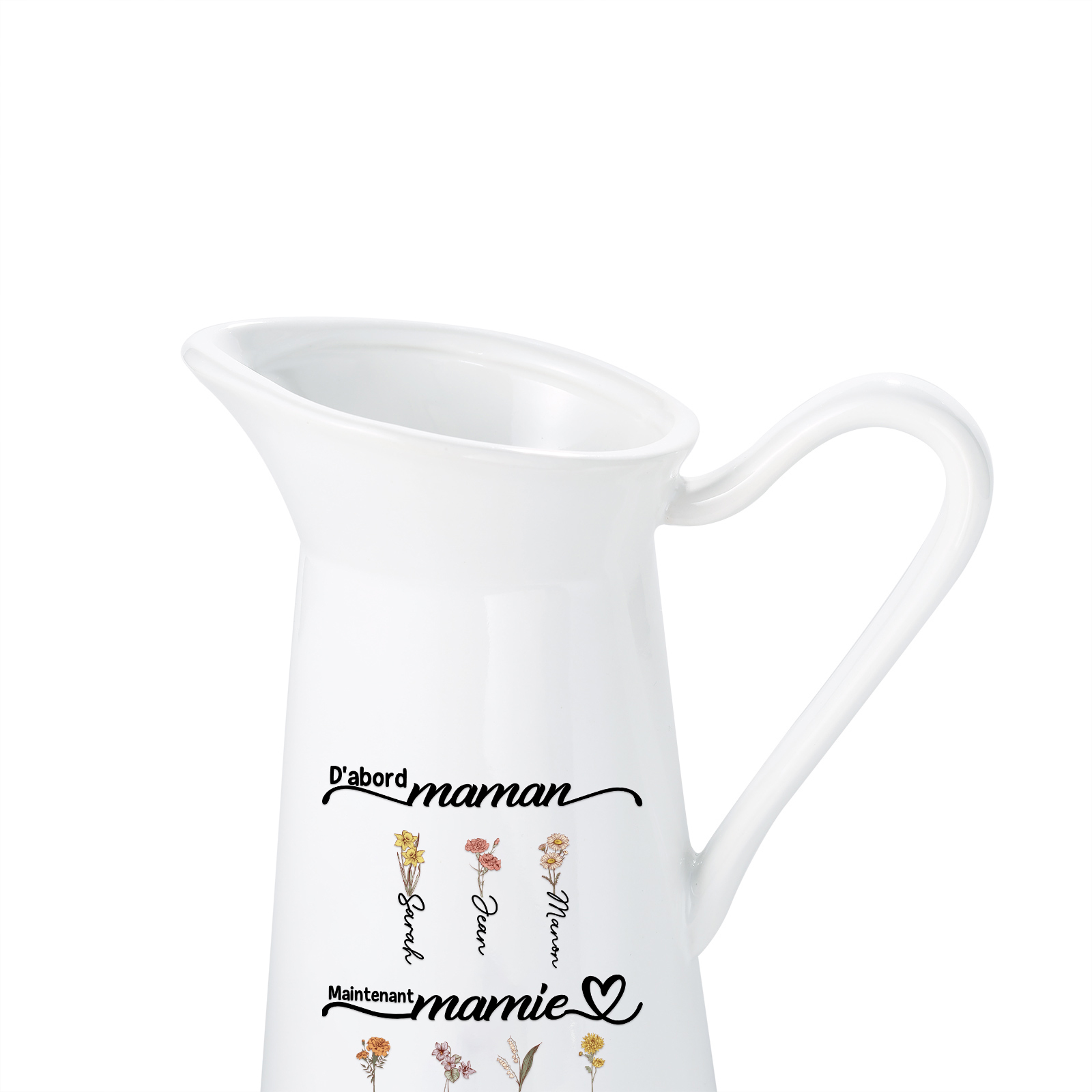 [Copy]À Maman/Mamie - Vase Personnalisé 1-6 Prénoms et Fleurs de Naissance avec 2 Textes Vase Forme Pichet en Céramique (sans fleurs) | Jessemade