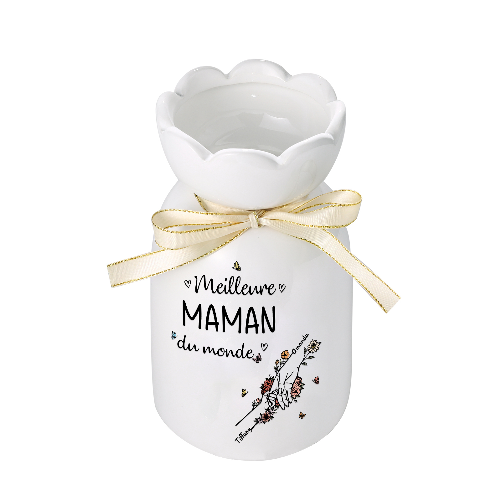 À ma Maman/Mamie-Vase Personnalisé avec 2-7 Prénoms et 1 Tetxe Vase la Main dans la Main avec Ruban en Céramique (sans fleurs) | Jessemade