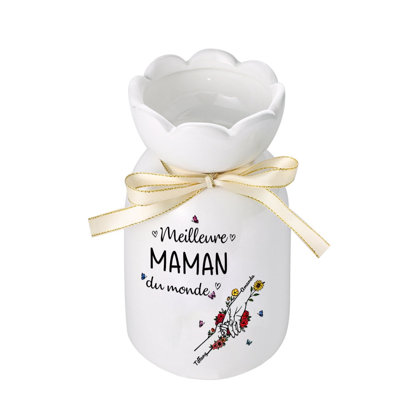 À ma Maman/Mamie-Vase Personnalisé avec 2-7 Prénoms et 1 Tetxe Vase la Main dans la Main avec Ruban en Céramique (sans fleurs) | Jessemade