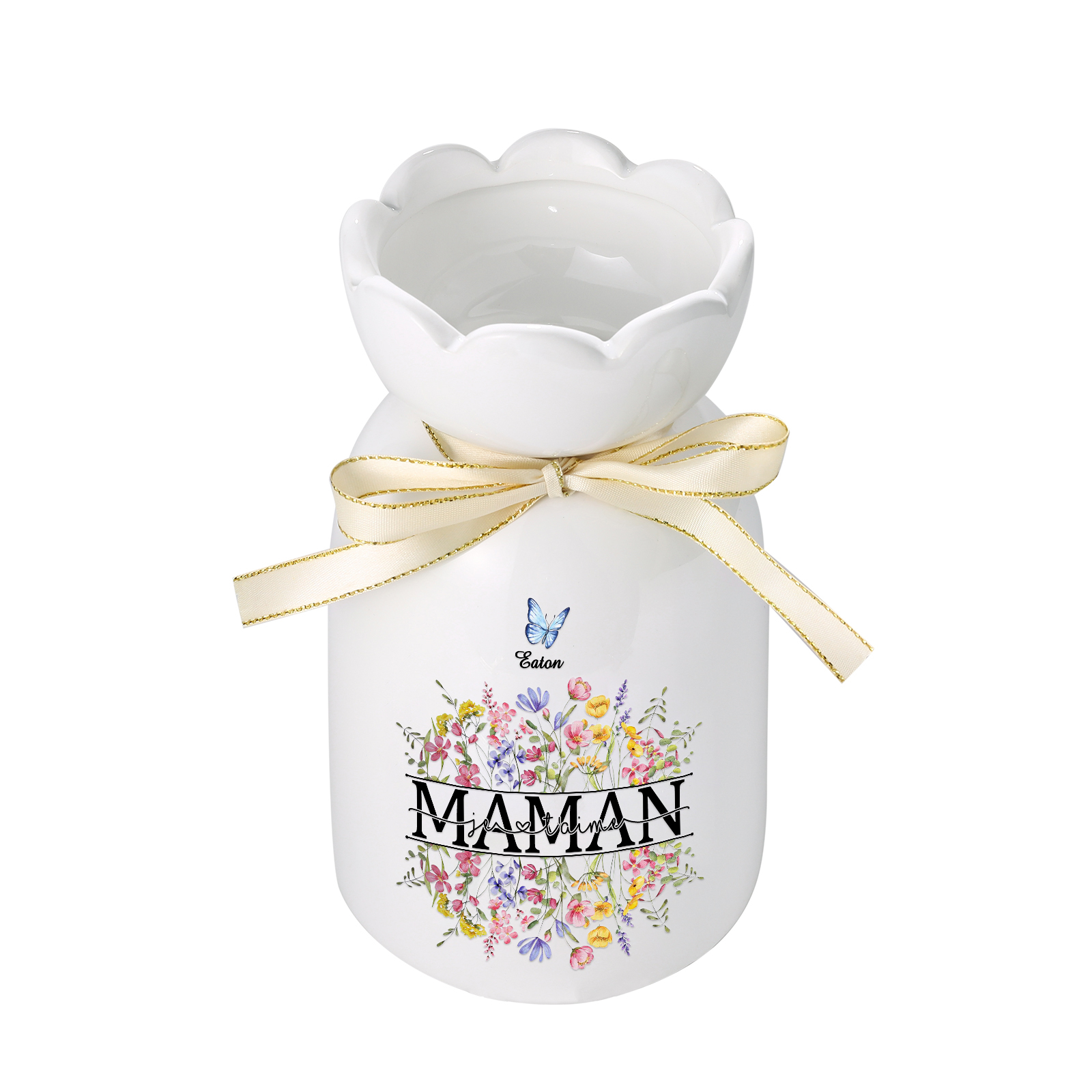 À ma Maman-Vase Personnalisé avec 1-5 Prénoms Vase Fluers et Papillon avec Ruban en Céramique (sans fleurs) | Jessemade