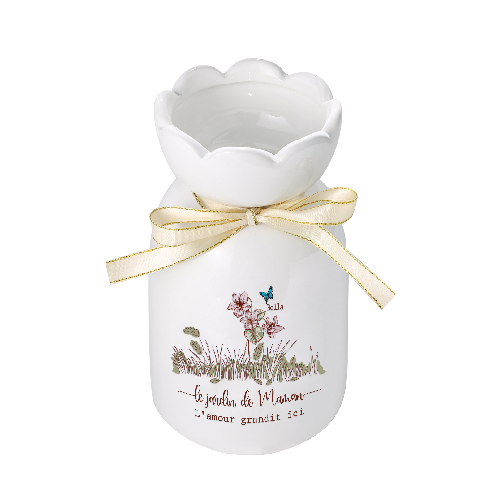 Vase Personnalisé avec 1-5 Prénoms & Fleurs de Naissance et 2 Tetxes Vase Fluers et Papillons en Céramique (sans fleurs) | Jessemade