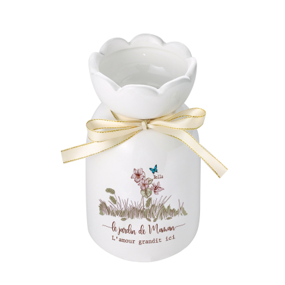 Vase Personnalisé avec 1-5 Prénoms & Fleurs de Naissance et 2 Tetxes Vase Fluers et Papillons en Céramique (sans fleurs) | Jessemade
