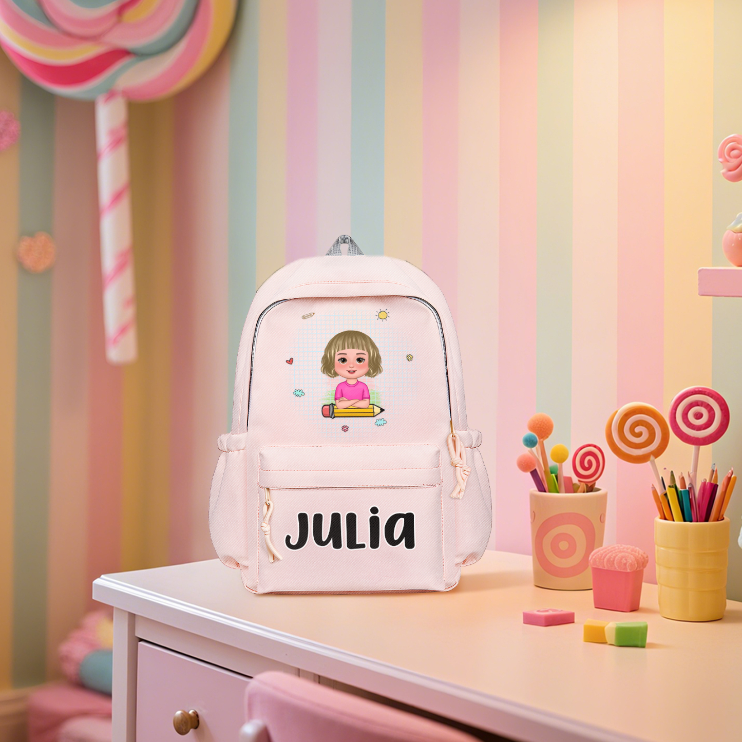Cadeaux Rentrée Scolaire — Sac à dos Personnalisable avec Prénom et Illustration Rose/Rouge/Blance | Jessemade