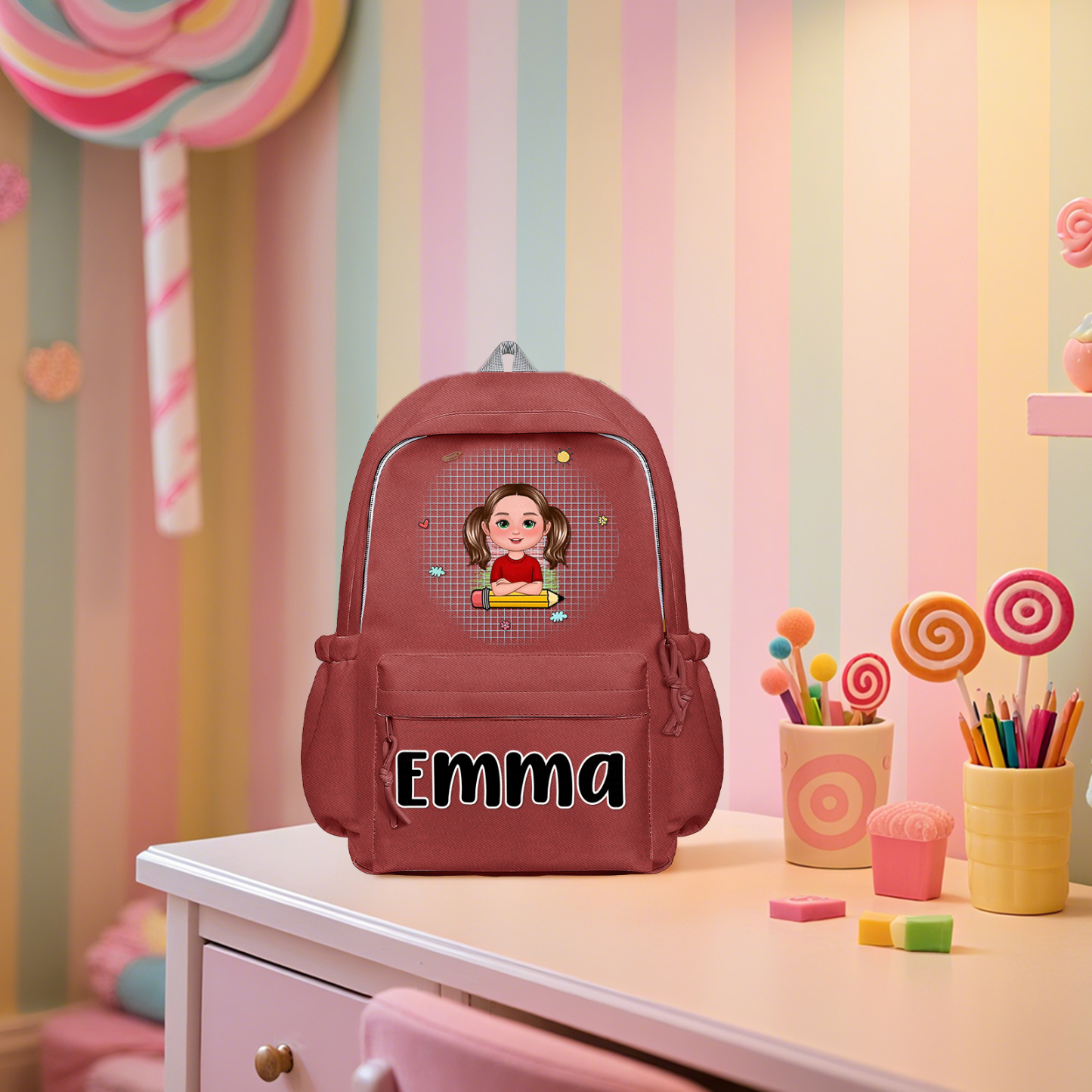 Cadeaux Rentrée Scolaire — Sac à dos Personnalisable avec Prénom et Illustration Rose/Rouge/Blance | Jessemade