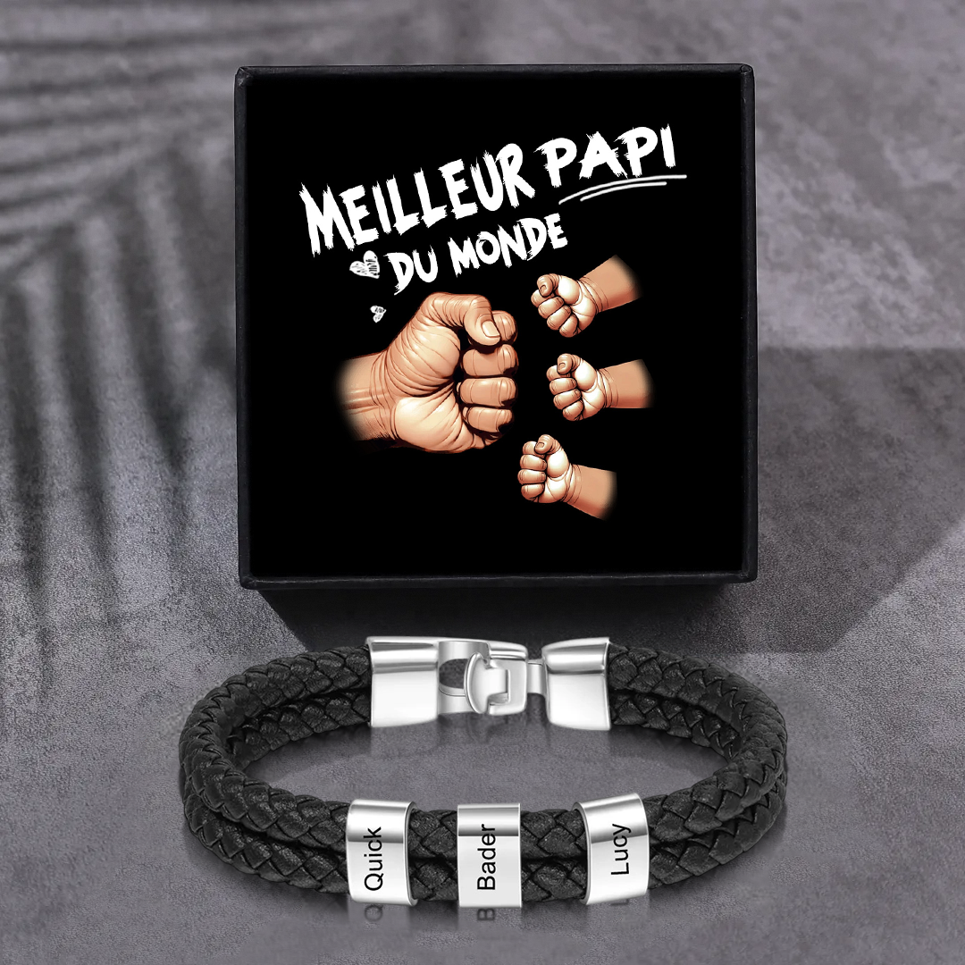 Bracelet Cuir Tressé Personnalisé – 1 à 6 Perles pour Papi/Papy/Grand-Père